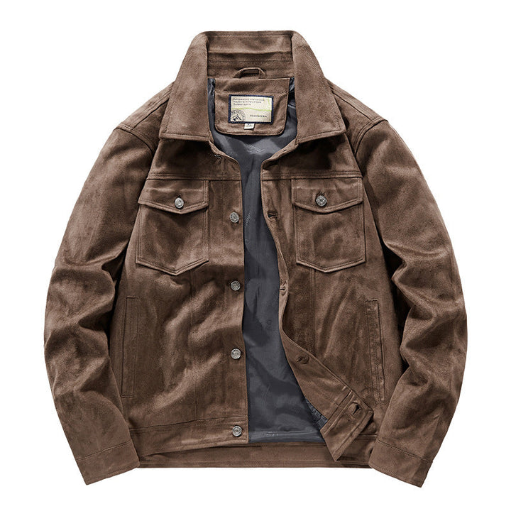 Men's coffee-colored suede-texture jacket with snap buttons, essential fall outerwear.