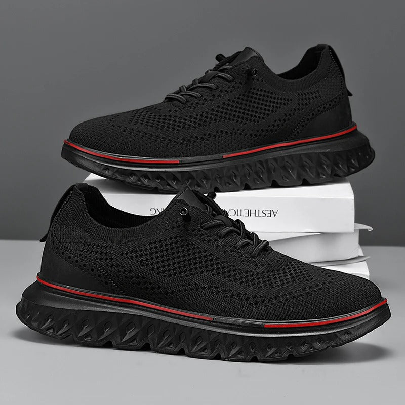 Comfortable men's knit footwear, designed as brogue dress sneakers for versatile styling.