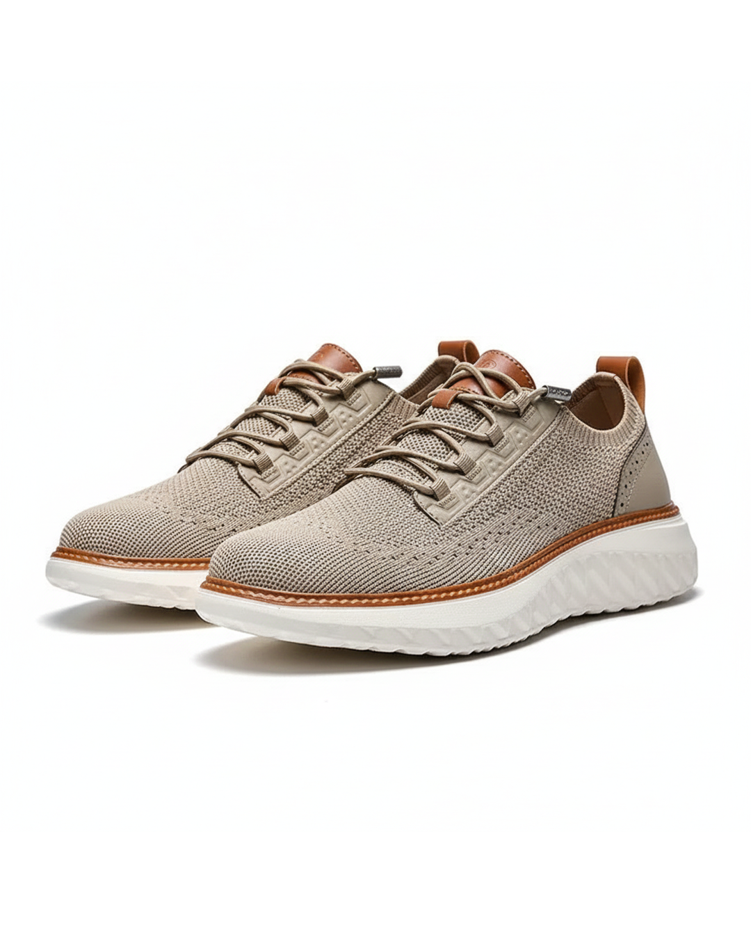 Men's knit casual sneaker in khaki with blue leather accents, designed for comfort and lightweight flexibility.