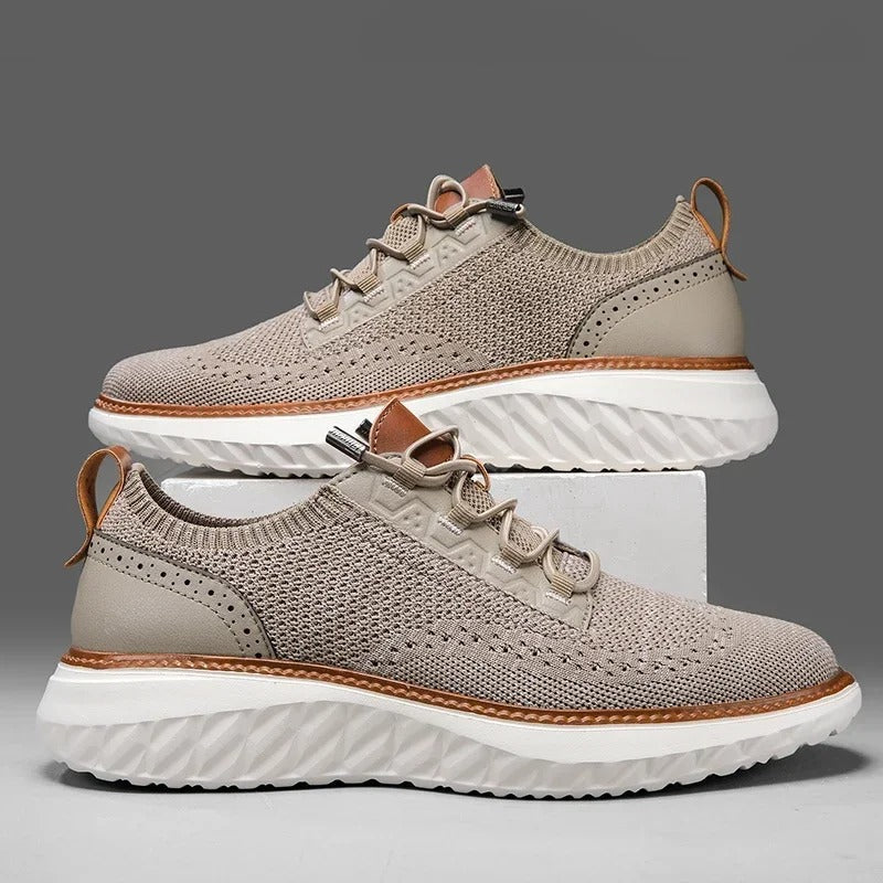 Stylish khaki knit men's sneaker featuring blue leather details, perfect for everyday casual fashion.