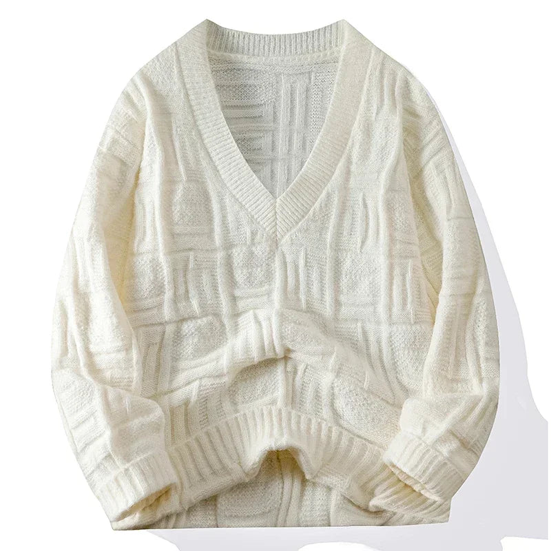 Front view of a comfortable men's knit V-neck sweater, a key piece for cold weather fashion.