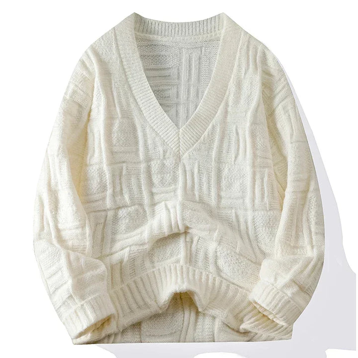 Front view of a comfortable men's knit V-neck sweater, a key piece for cold weather fashion.