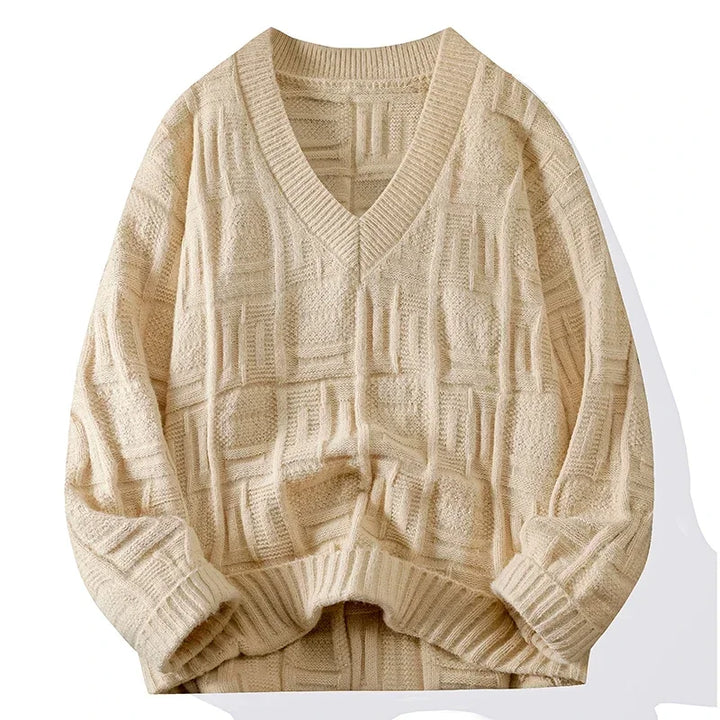 Men's knit V-neck sweater, designed for warmth and style in casual and winter outfits.