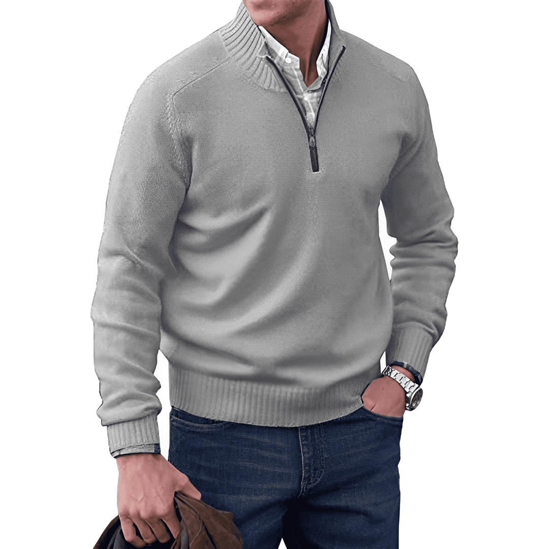 Men's long sleeve knitted half-zip jumper in a rich burgundy, a comfortable and stylish winter wear choice.