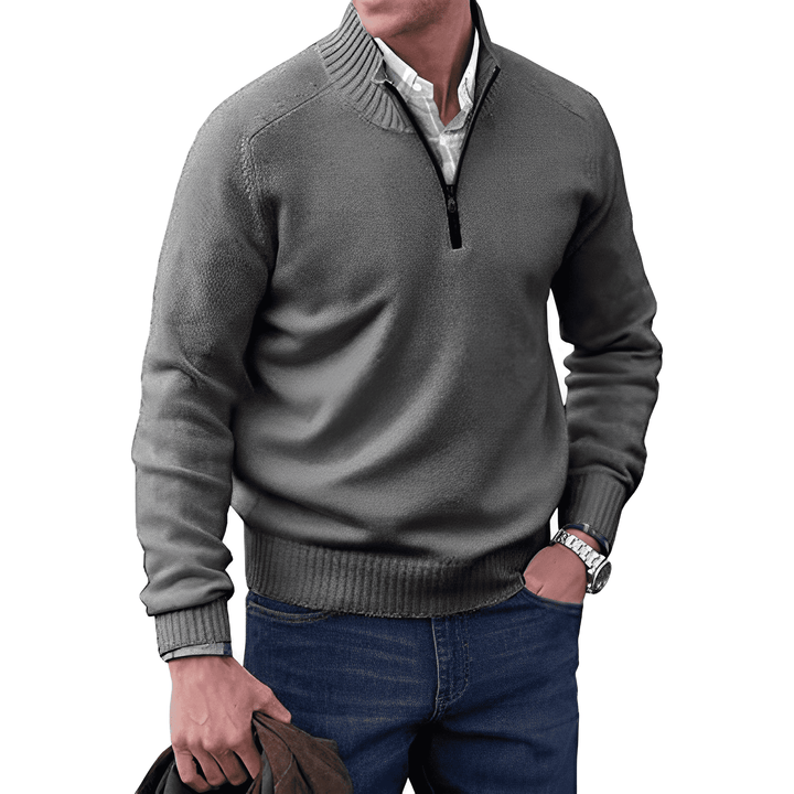 Front view of a men's beige knitted half-zip pullover jumper, suitable for casual layering.