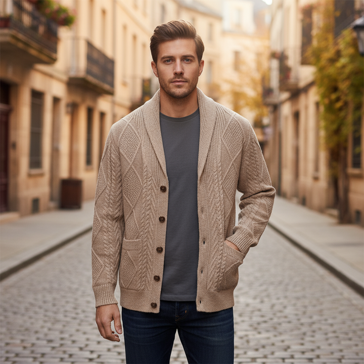 Men's knitted wool cardigan styled open, offering a relaxed and comfortable layering option.