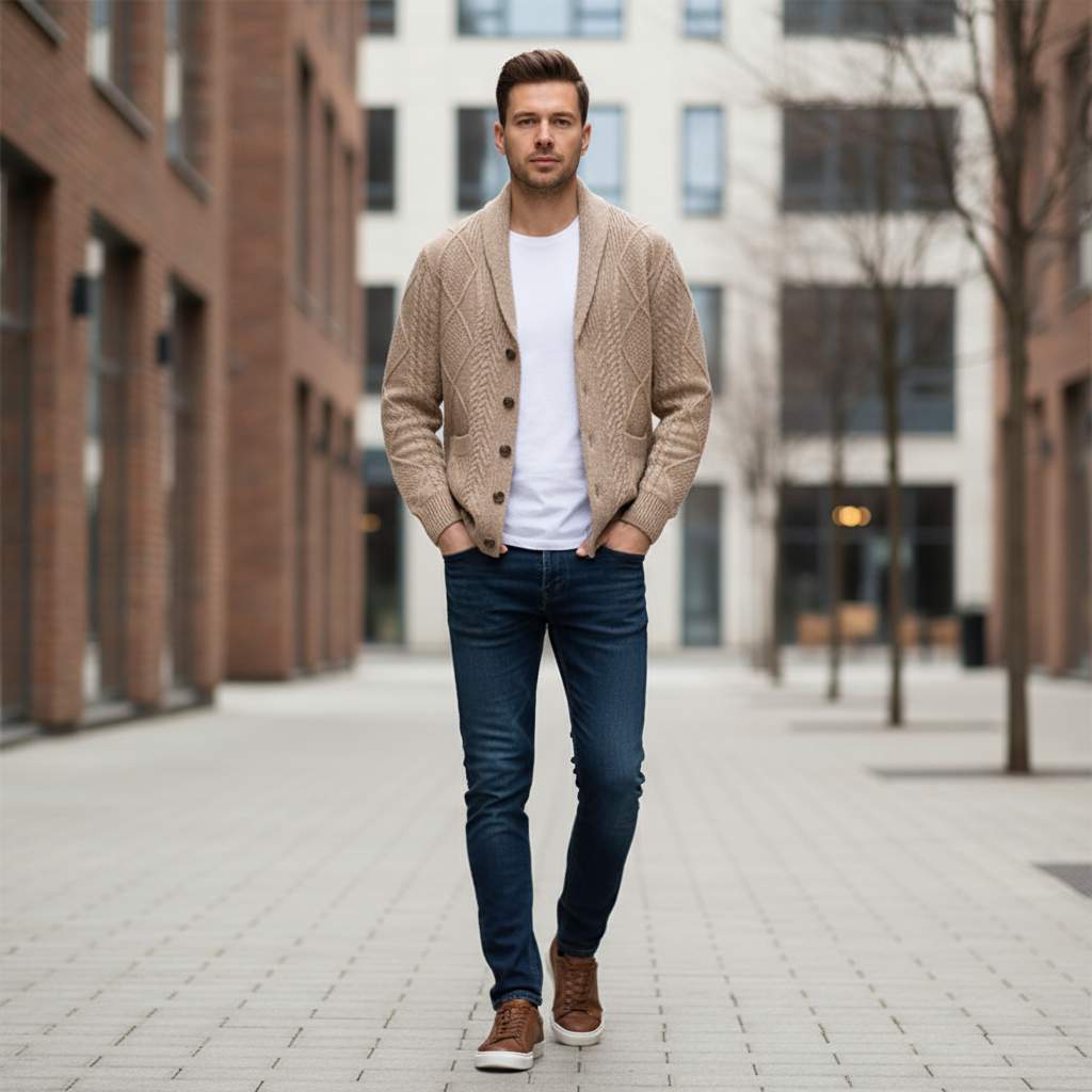 Stack of folded men's knitted wool cardigans in various colors, highlighting their versatility.