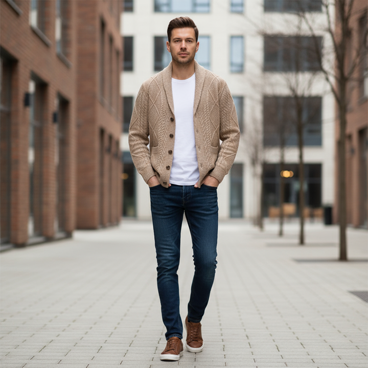 Stack of folded men's knitted wool cardigans in various colors, highlighting their versatility.