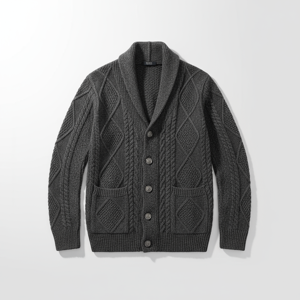 Man adjusting his men's knitted wool cardigan, showcasing its comfortable fit and soft feel.
