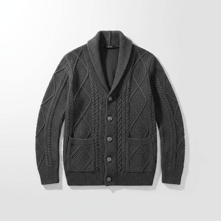 Man adjusting his men's knitted wool cardigan, showcasing its comfortable fit and soft feel.