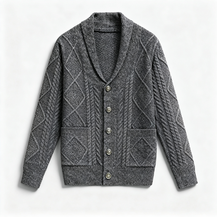 Outdoor shot of a man in a knitted wool cardigan, perfect for cool weather and casual outings.