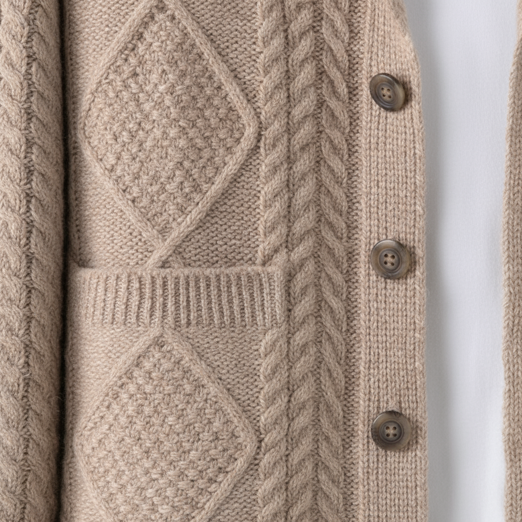 Close-up of the intricate knit pattern on a men's wool cardigan, showcasing its quality and texture.