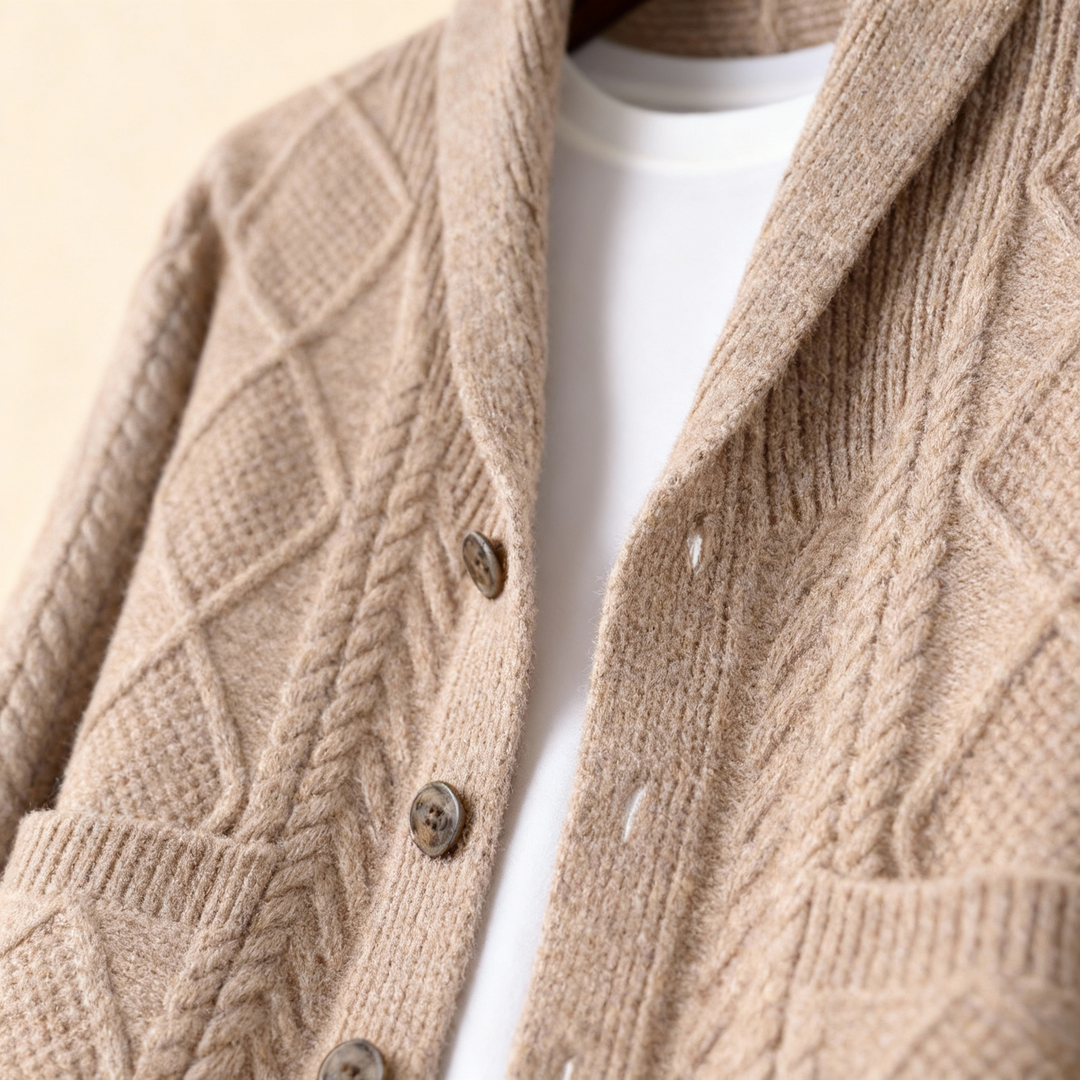 Stylish man wearing a charcoal grey knitted wool cardigan, demonstrating casual fashion and comfort.