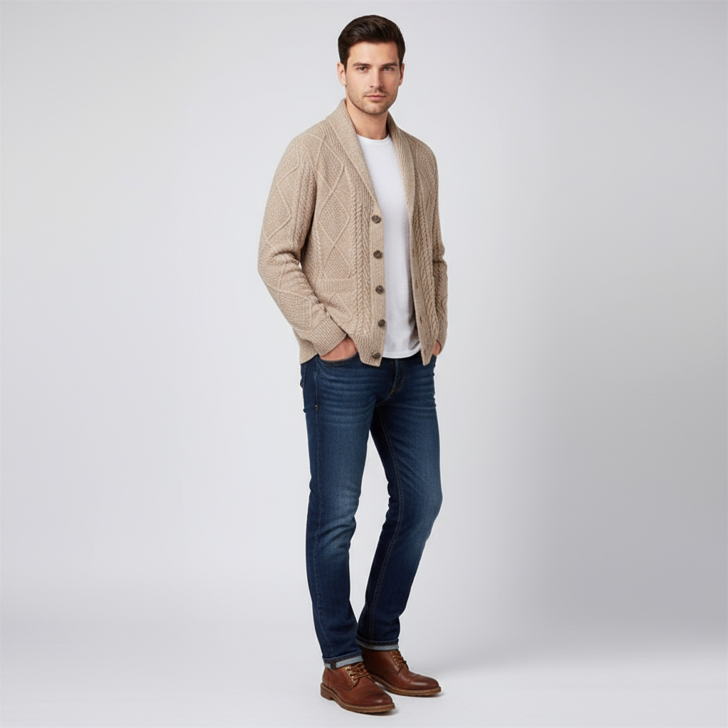 Back view of a men's wool cardigan, highlighting its relaxed fit and soft, breathable knit.