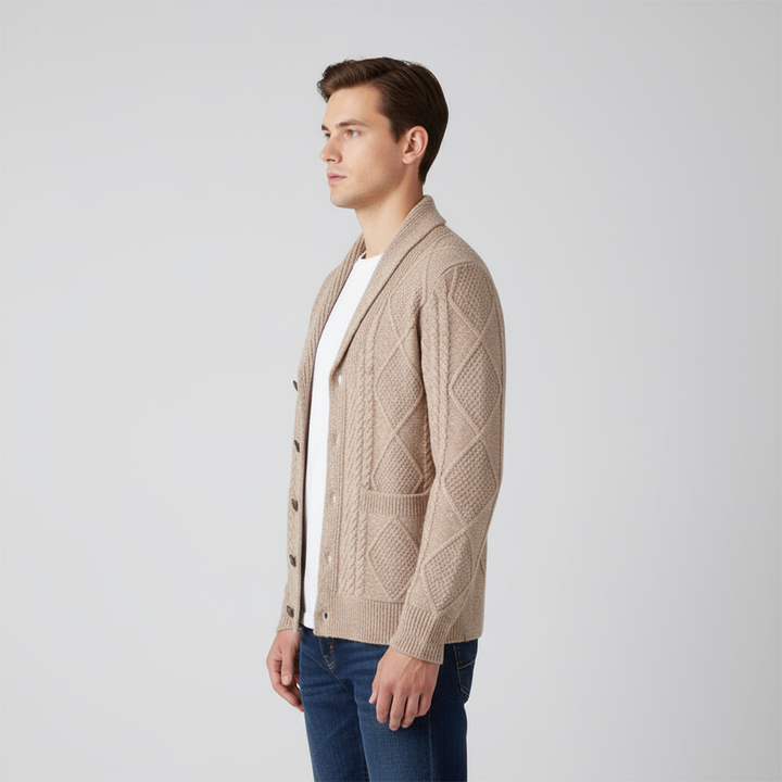 Men's minimalist knitted wool cardigan in a neutral tone, versatile for various outfits and occasions.