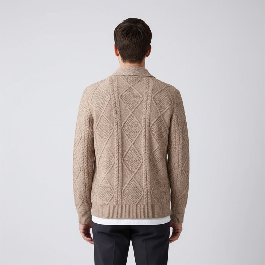Detail of the ribbed cuffs and hem on a men's knitted wool sweater, emphasizing durability and style.