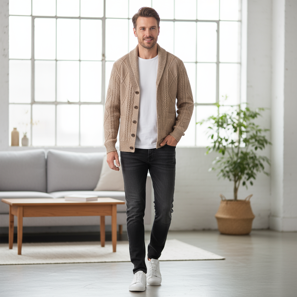 Knitted wool cardigan for men draped on a hanger, ready for lightweight, comfortable layering.