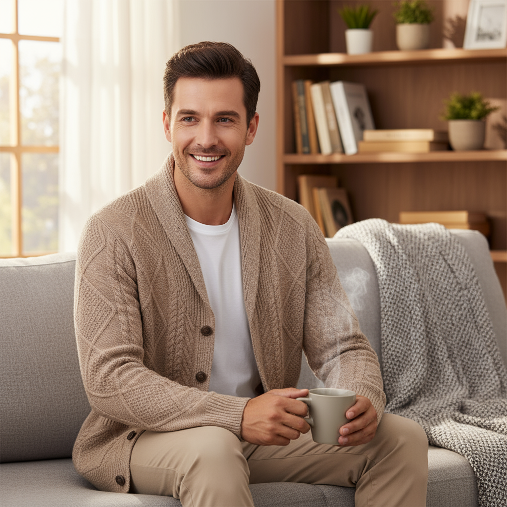 Fashion shot of a man wearing a brown knitted wool cardigan over a shirt, ideal for smart casual looks.
