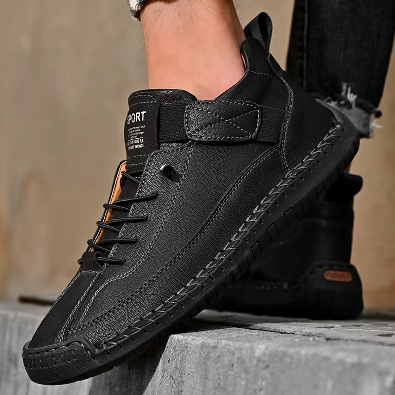 Mens black leather orthopedic casual shoes, a blend of traditional style with modern comfort technology.
