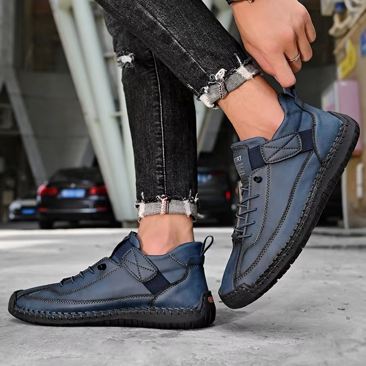 Men's black leather orthopedic sneakers with a focus on interior comfort padding and supportive features.