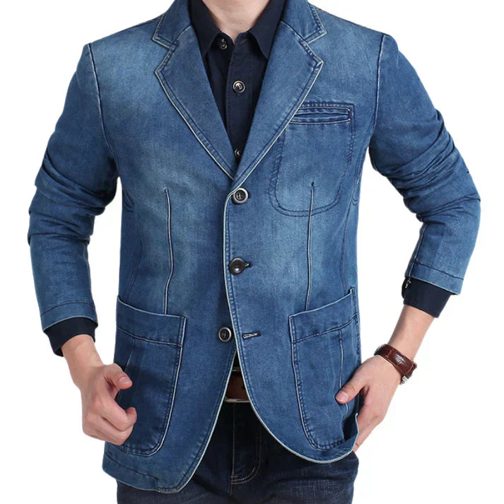 Dark blue denim blazer for men, ideal for casual and formal wear. A versatile, modern fashion statement.