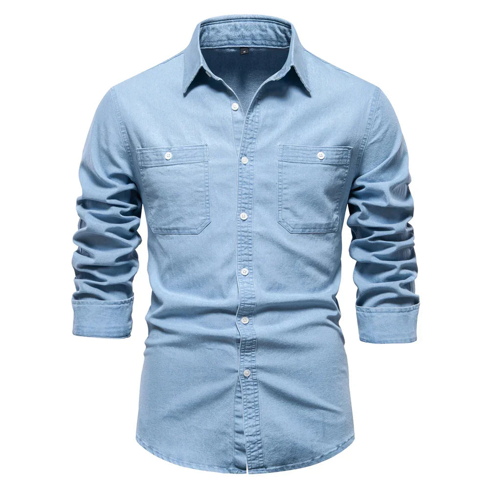 Men's light blue denim button-up shirt for casual wear, long sleeve.