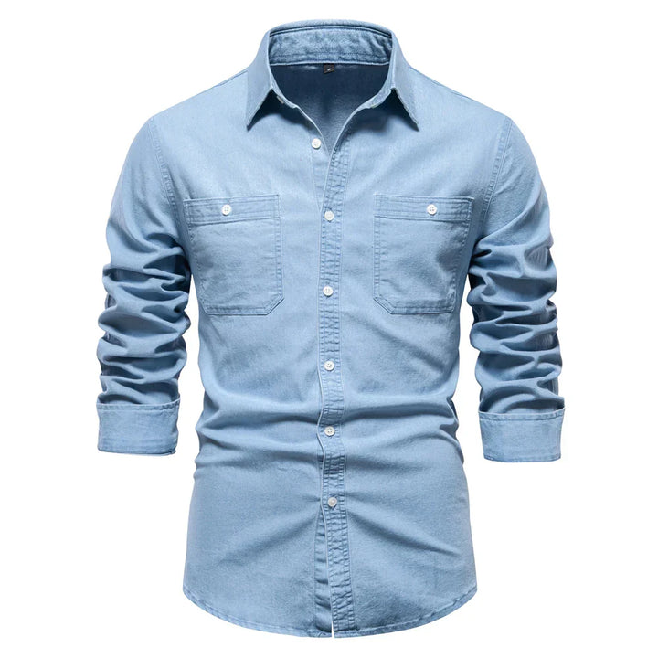 Men's light blue denim button-up shirt for casual wear, long sleeve.