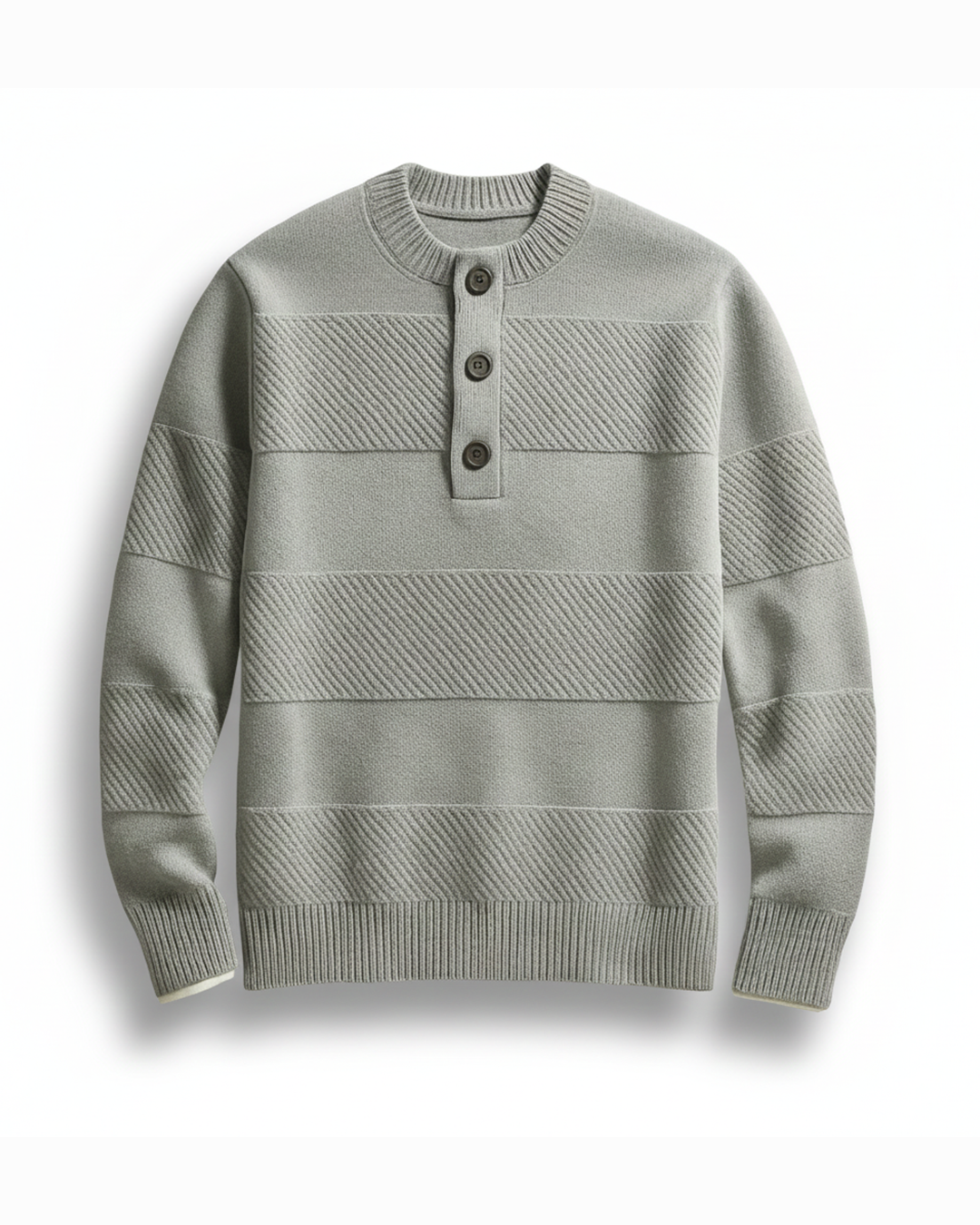 Men's light gray knit Henley sweater, ideal for casual winter wear.