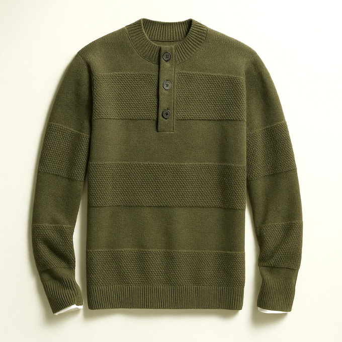 Stylish men's Henley pullover in light gray, perfect for winter casual outfits.