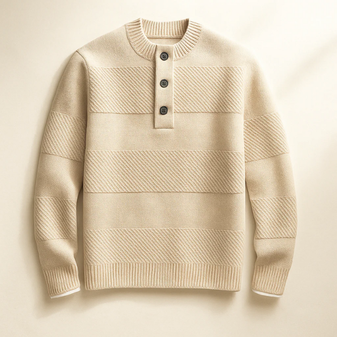 Front view of a men's light gray knit Henley sweater, a versatile winter fashion item.
