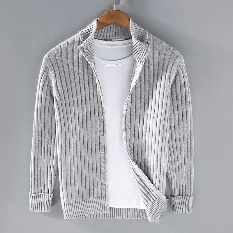 Men's light gray ribbed knit zip sweater, cotton blend, elegant casual wear, front view