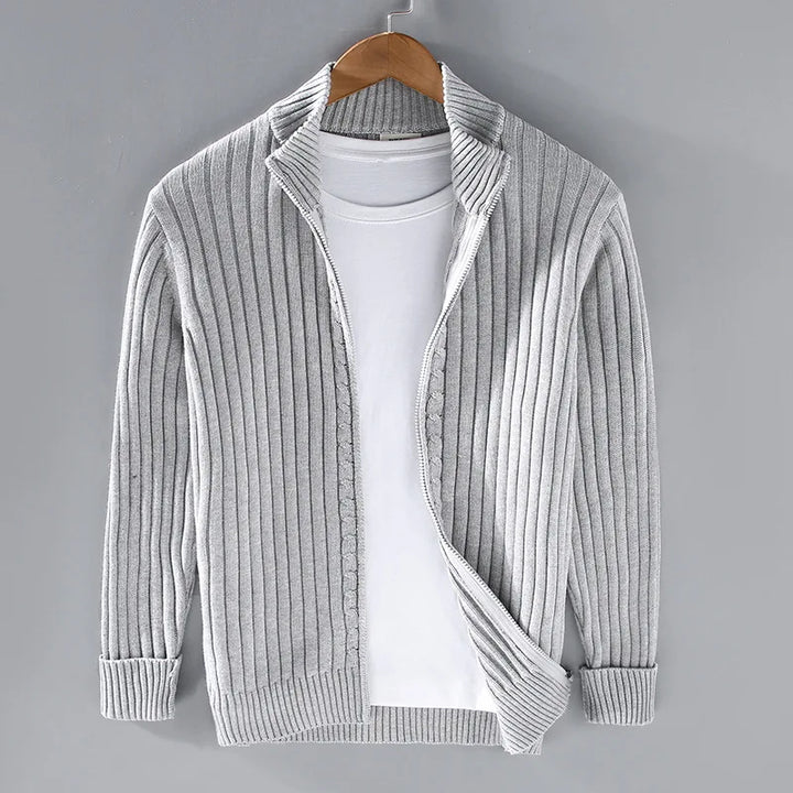 Men's light gray ribbed knit zip sweater, cotton blend, elegant casual wear, front view
