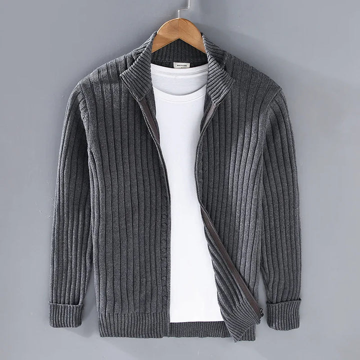 Men's black ribbed knit zip sweater with high collar, versatile cotton cardigan, men's fashion