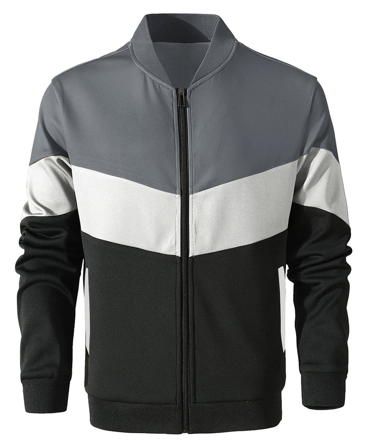 Men's casual zip up jacket in a stylish color block pattern, perfect as a lightweight spring jacket for men.