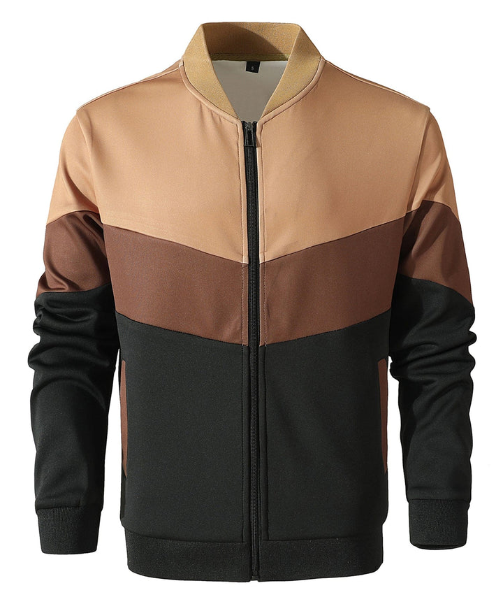 Full body shot of a model wearing men's lightweight color block jacket, showcasing a complete men's fashion look.