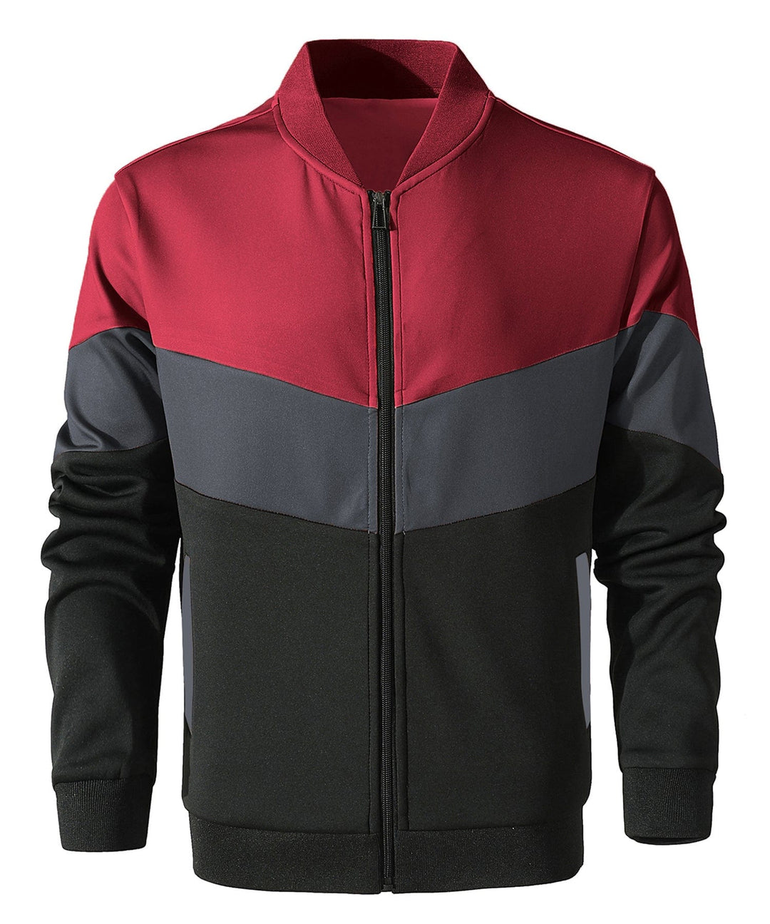Textured close-up of the lightweight fabric of men's color block jacket, highlighting its softness & durability.