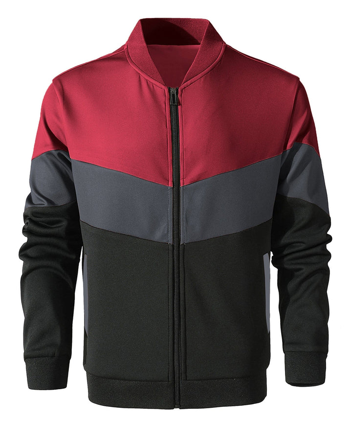 Textured close-up of the lightweight fabric of men's color block jacket, highlighting its softness & durability.