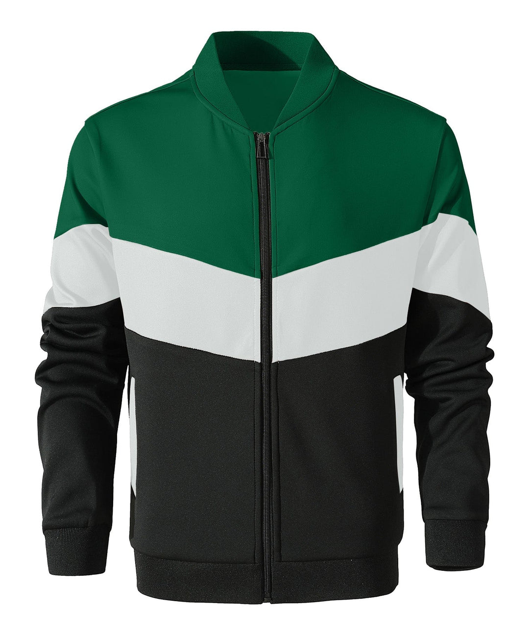 Dynamic shot of men's color block jacket in motion, emphasizing its flexibility as lightweight spring outerwear.