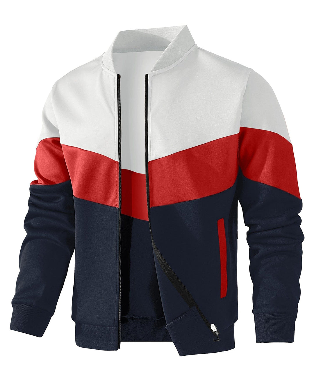 Flat lay of men's lightweight color block jacket, presenting its design & appeal as a men's top for spring.