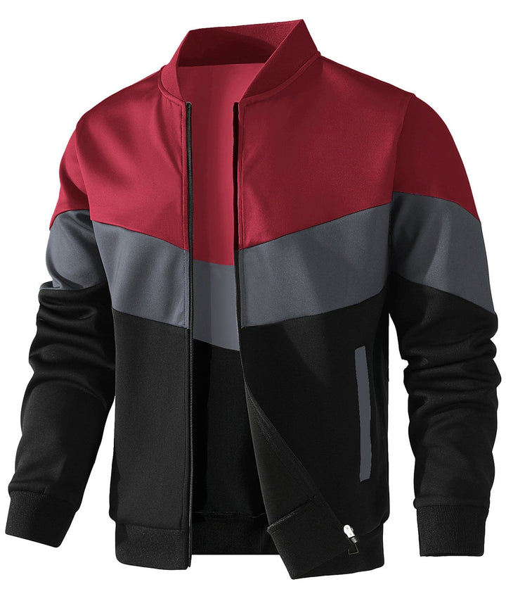 Closeup of men's lightweight color block jacket fabric & zipper detail, showcasing quality & men's fashion.