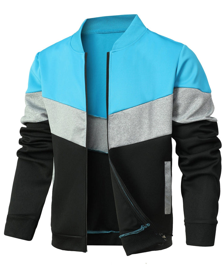 Back view of men's color block jacket, highlighting the clean lines & sporty design of this lightweight outerwear.