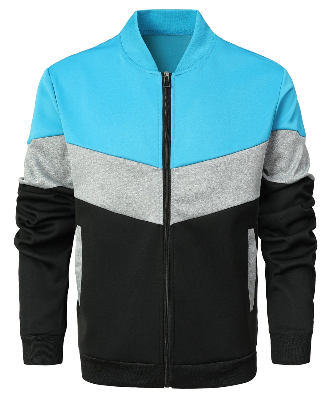 Side profile of men's spring jacket, a lightweight color block design that's a fresh new arrival in men's tops.