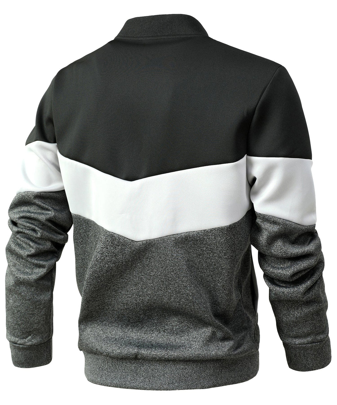 Detail shot of the collar & zip on men's lightweight color block jacket, emphasizing premium men's outerwear.