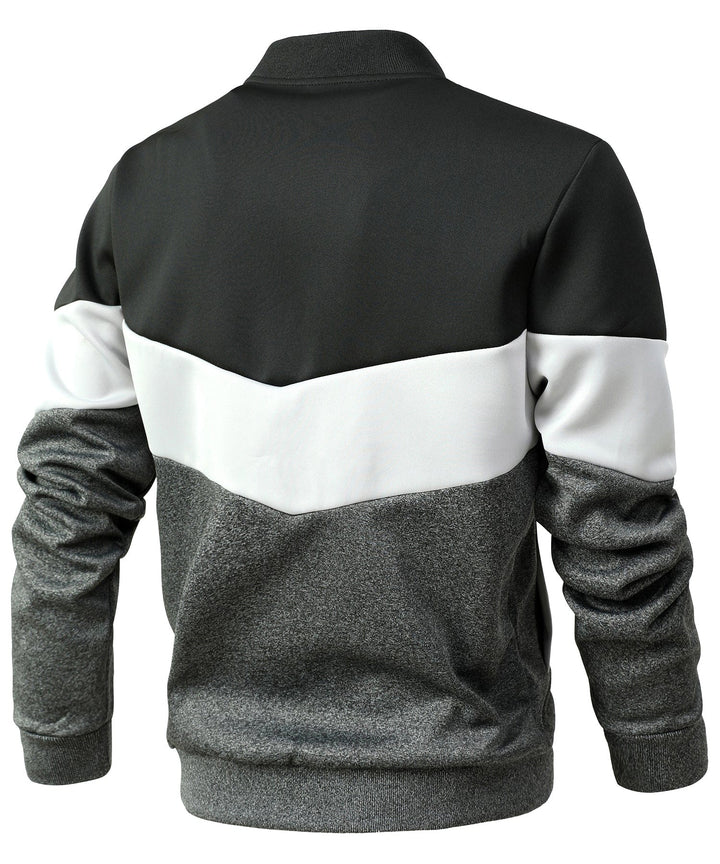 Detail shot of the collar & zip on men's lightweight color block jacket, emphasizing premium men's outerwear.