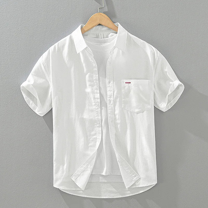Casual men's short sleeve summer shirt, breathable cotton blend for warm weather, with a single chest pocket.