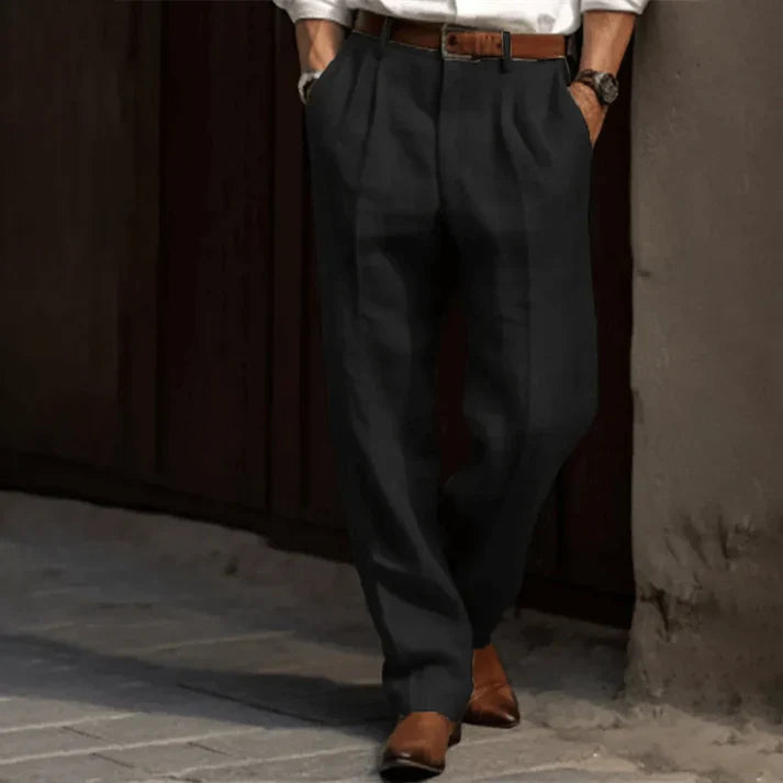 Comfortable men's lightweight pleated trousers, perfect for warm weather & stylish men's apparel.