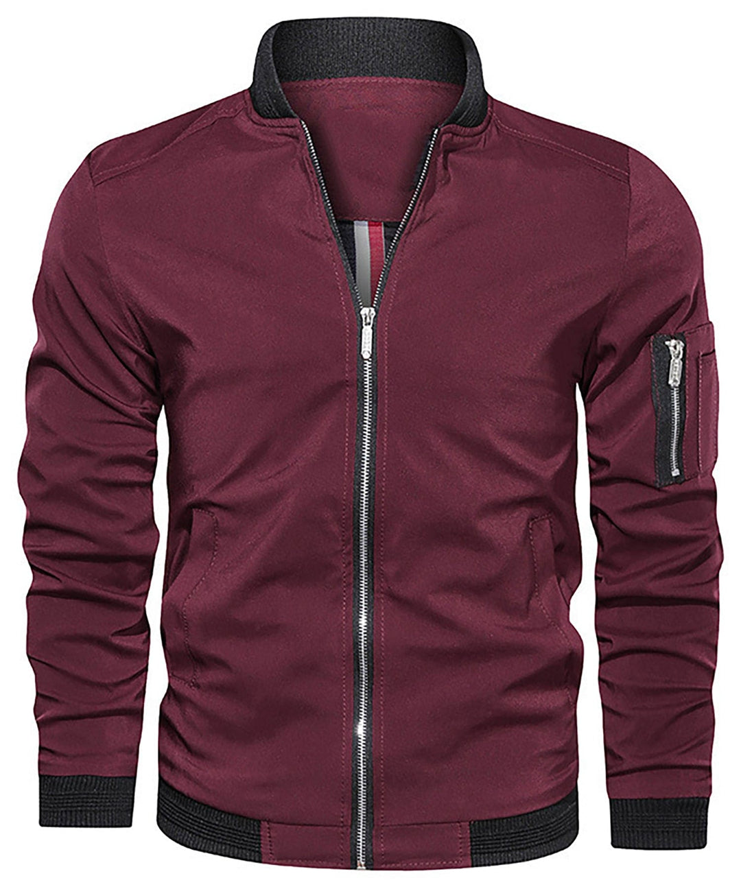 Classic black men's lightweight bomber jacket with a full zip, a timeless piece of men's apparel.