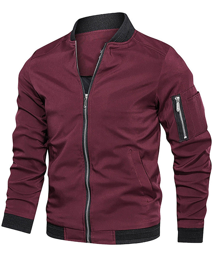 Front view of a men's full-zip bomber jacket, highlighting its sleek design and lightweight fabric.