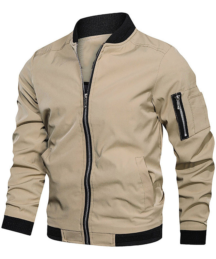 Men's spring jacket: a casual, lightweight full-zip bomber in a neutral color.