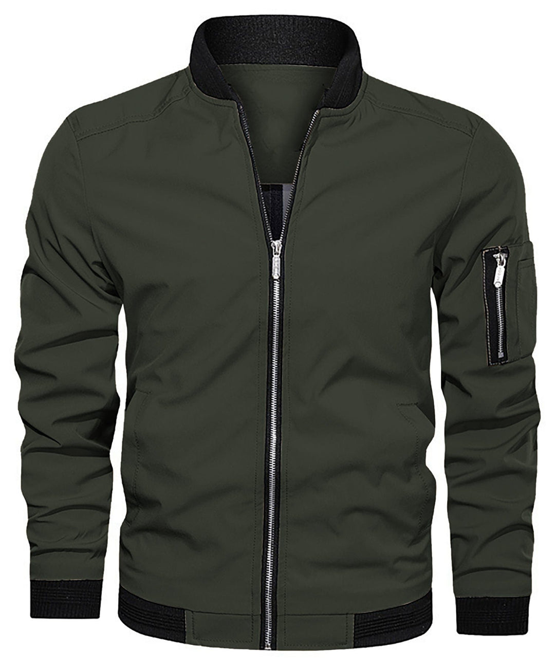 Close-up of the collar and full-zip detail on a men's lightweight bomber jacket, suitable for fall.